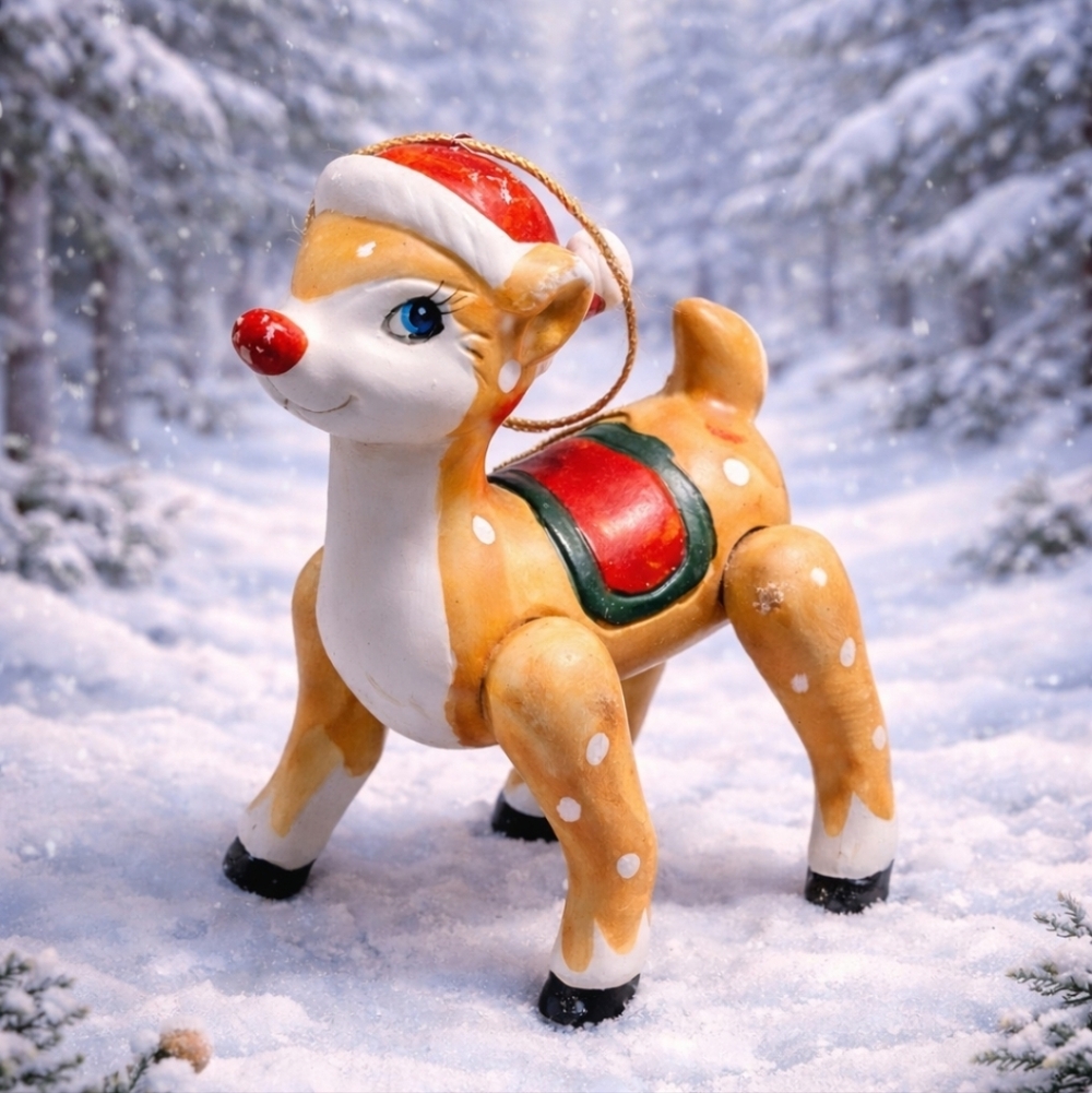 Reindeer Ceramic Ornament Christmas Vintage Moveable Legs Red Nose Rudolph